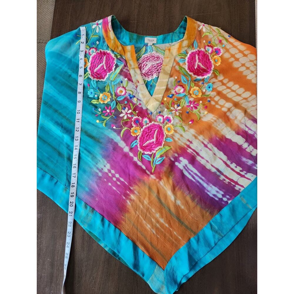 Tashia London Women's Silk Sheer V-neck Embroidered Poncho Top Multicolor Large - Picture 9 of 10